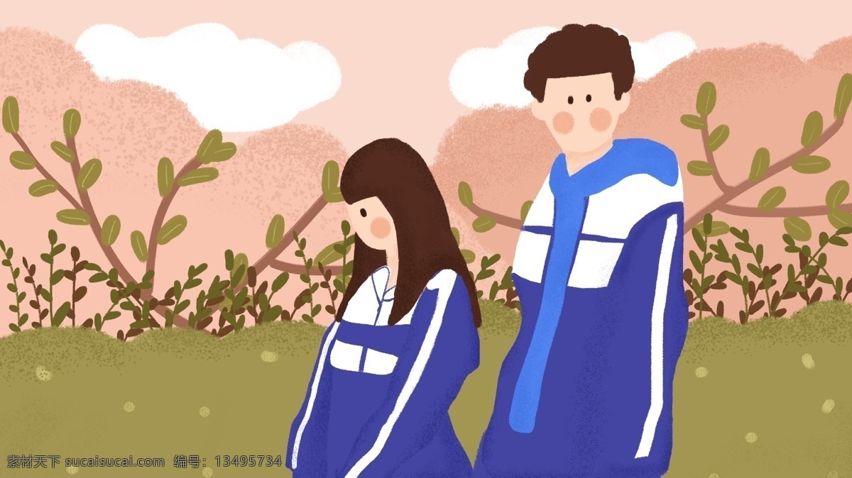高中 爱情 情侣 恋爱 校服 背书 包 手绘 插画 配 图 手绘插画 配图 高中爱情 背书包