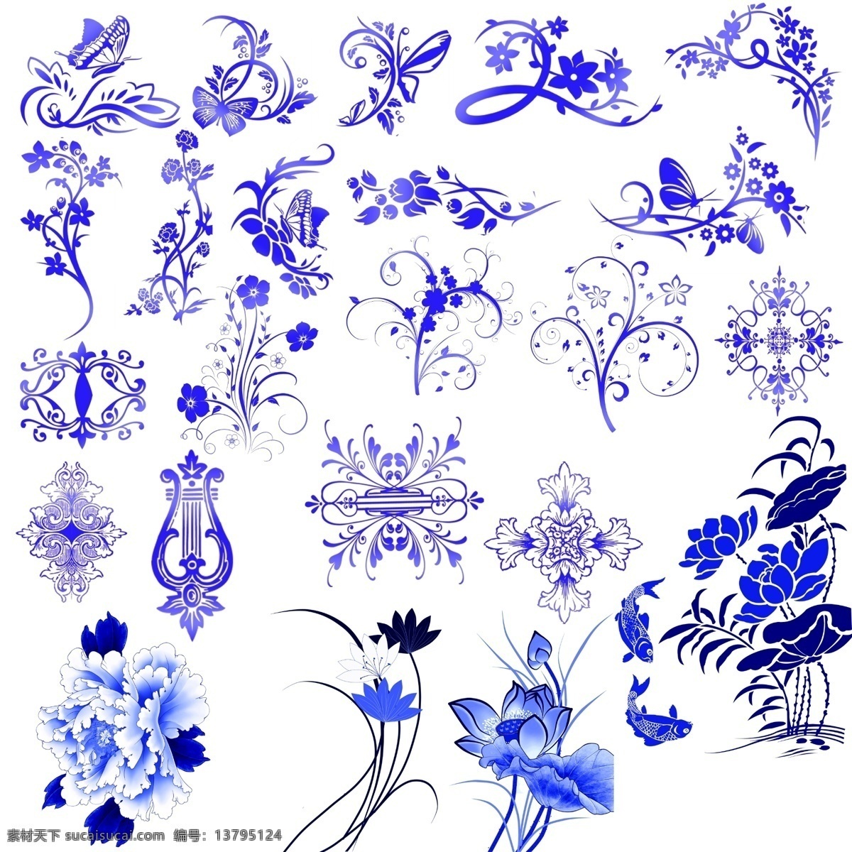 青花瓷 牡丹 荷花 花纹 花朵 共享区 分层