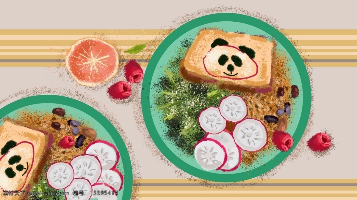 小 清新 蔬菜 沙拉 熊猫 吐司 草莓 橙子 插画 小清新 红萝卜 蔬菜沙拉 熊猫吐司