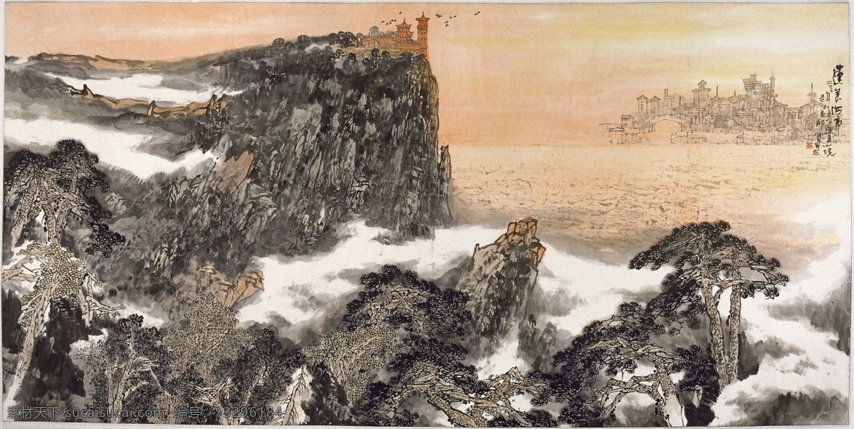 蓬莱阁 烟台 蓬莱 海岛 日出 山峰 云雾 国画 水墨 重彩 装饰画 背景 电视墙 装修 装饰 仙境 文化艺术 绘画书法