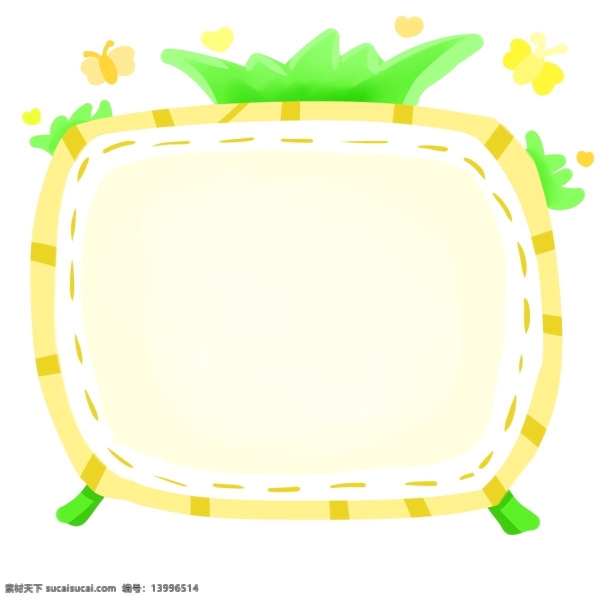 卡通 电视 边框 插图 绿色的支架 黄色的虚线 黄色的蝴蝶 白色的镜片 心形装饰 电视边框 设计边框