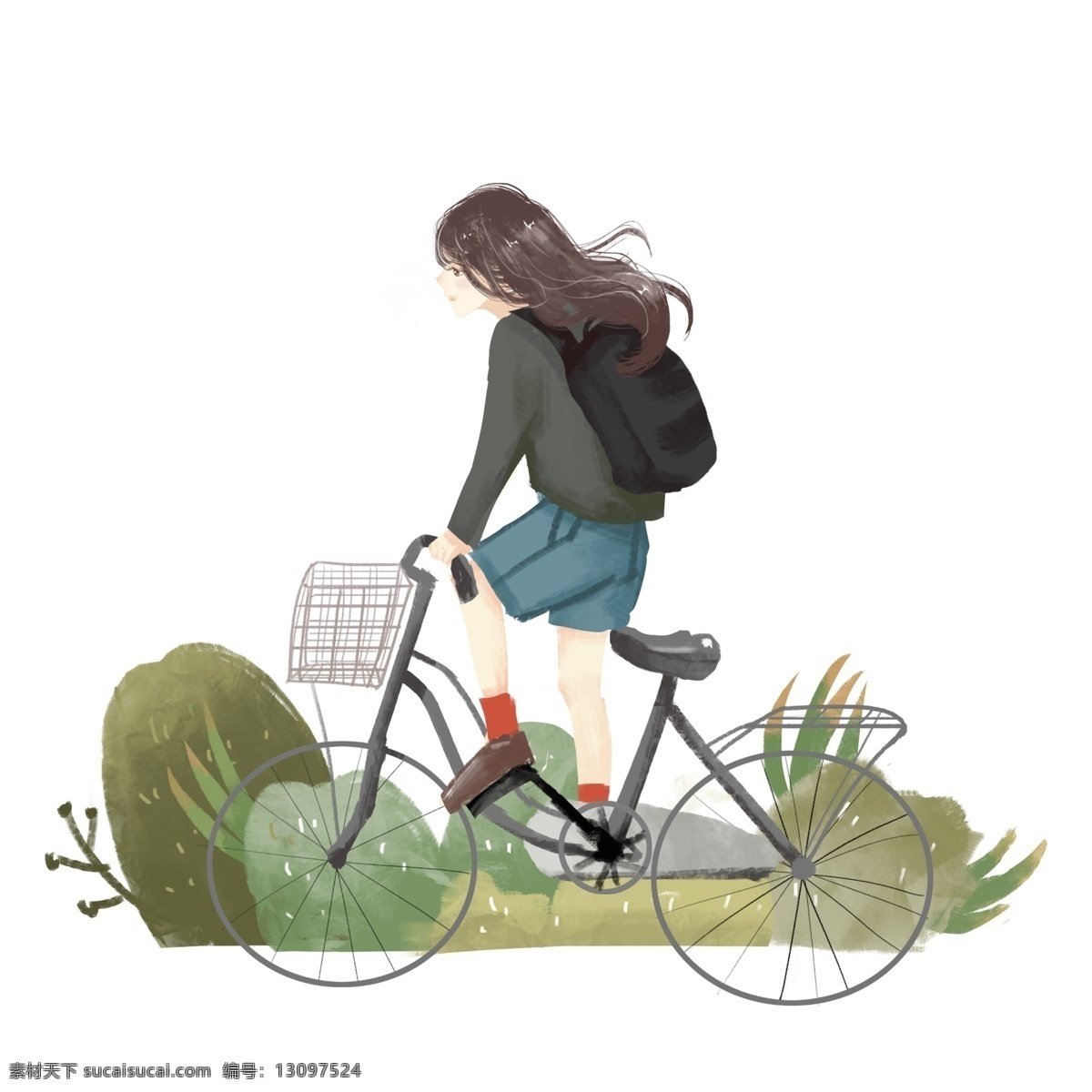 春游 骑车 小女孩 春游人物插画 骑车的小女孩 黑色的自行车 卡通人物 漂亮的小女孩 植物装饰