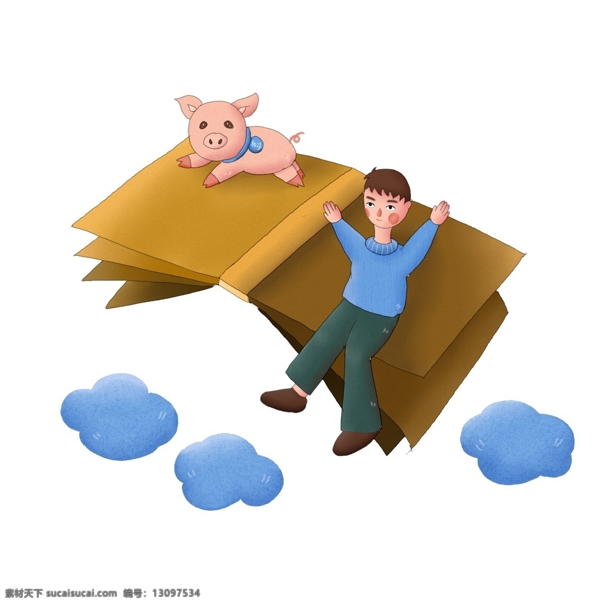会 飞 书 猪 男孩 创意 可爱 卡通 元素 装饰 图案 会飞的书 云朵