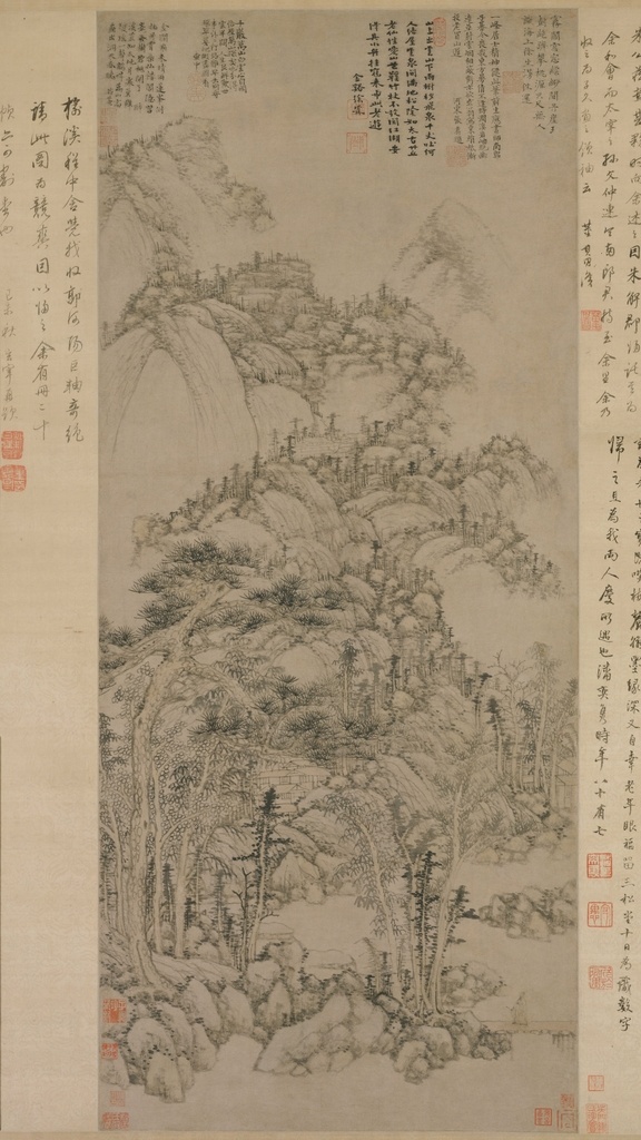 元代 画家 黄公望 丹崖玉树图轴 古字画 古画 绢布 山水画 古代 电子扫描字画 纸本 书法字画类 文化艺术 绘画书法