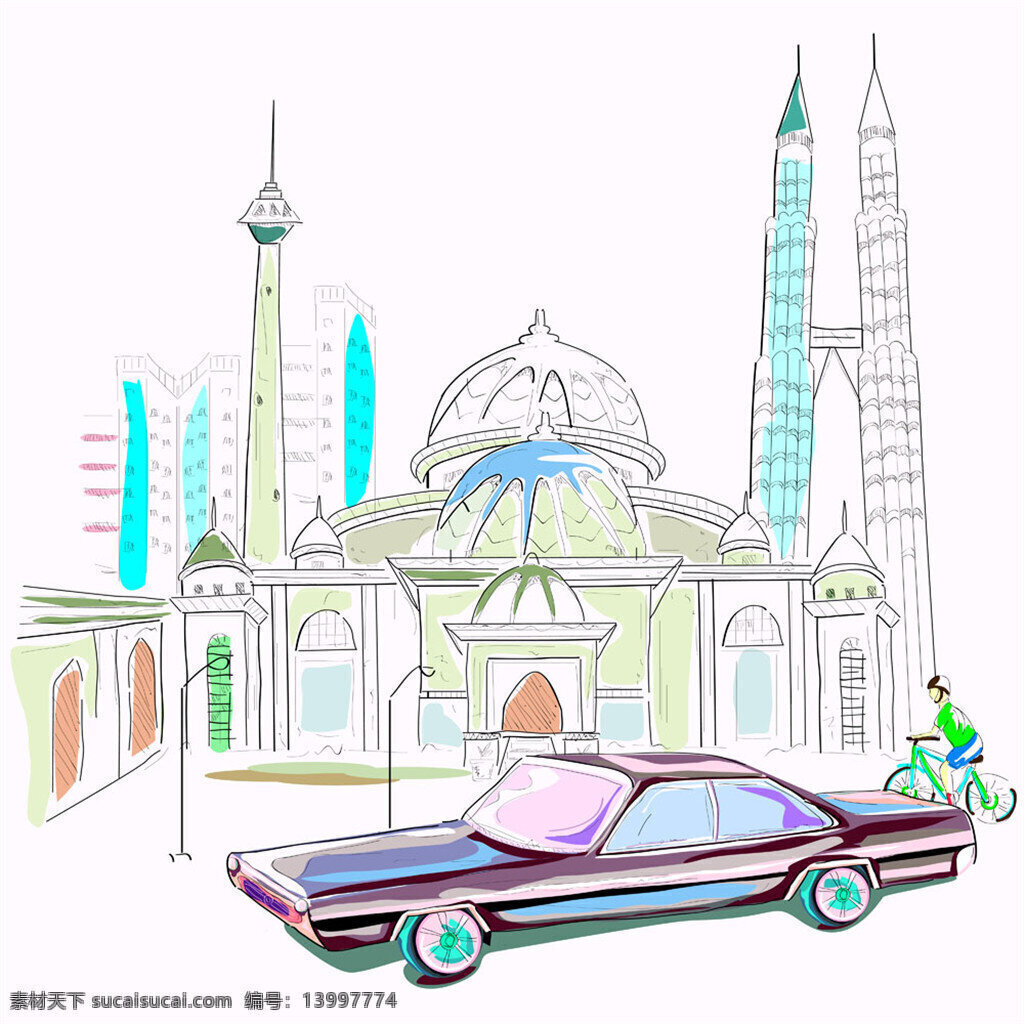 彩色 建筑 车辆 汽车 热气球 房子