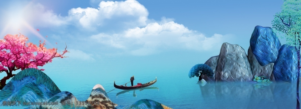 蓝色 手绘 夏季 上 新 远山 湖水 背景 夏季上新 湖水背景 蓝天 白云 树木 渔夫 旅行 地产背景 回归自然