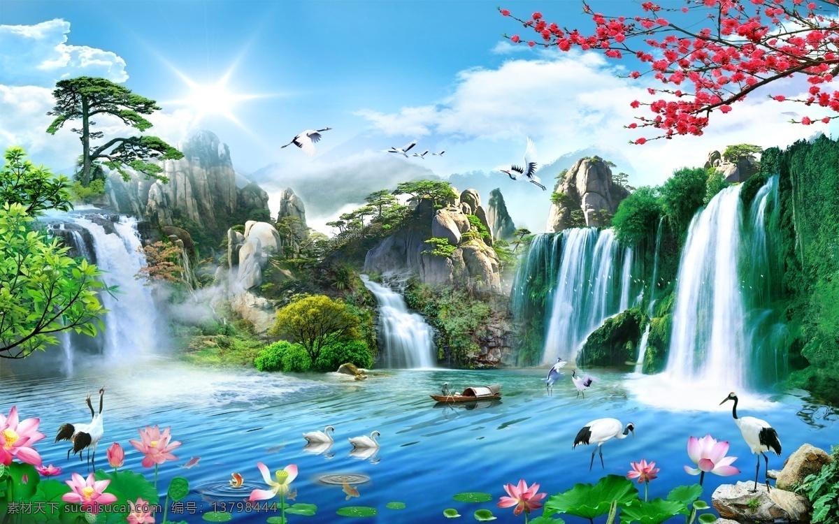 长寿 松树 瀑布 电视墙 背景 豪华 玄关 墙 画 壁纸 中式 墙画 室内 壁挂 装修墙纸 中式背景 中国风