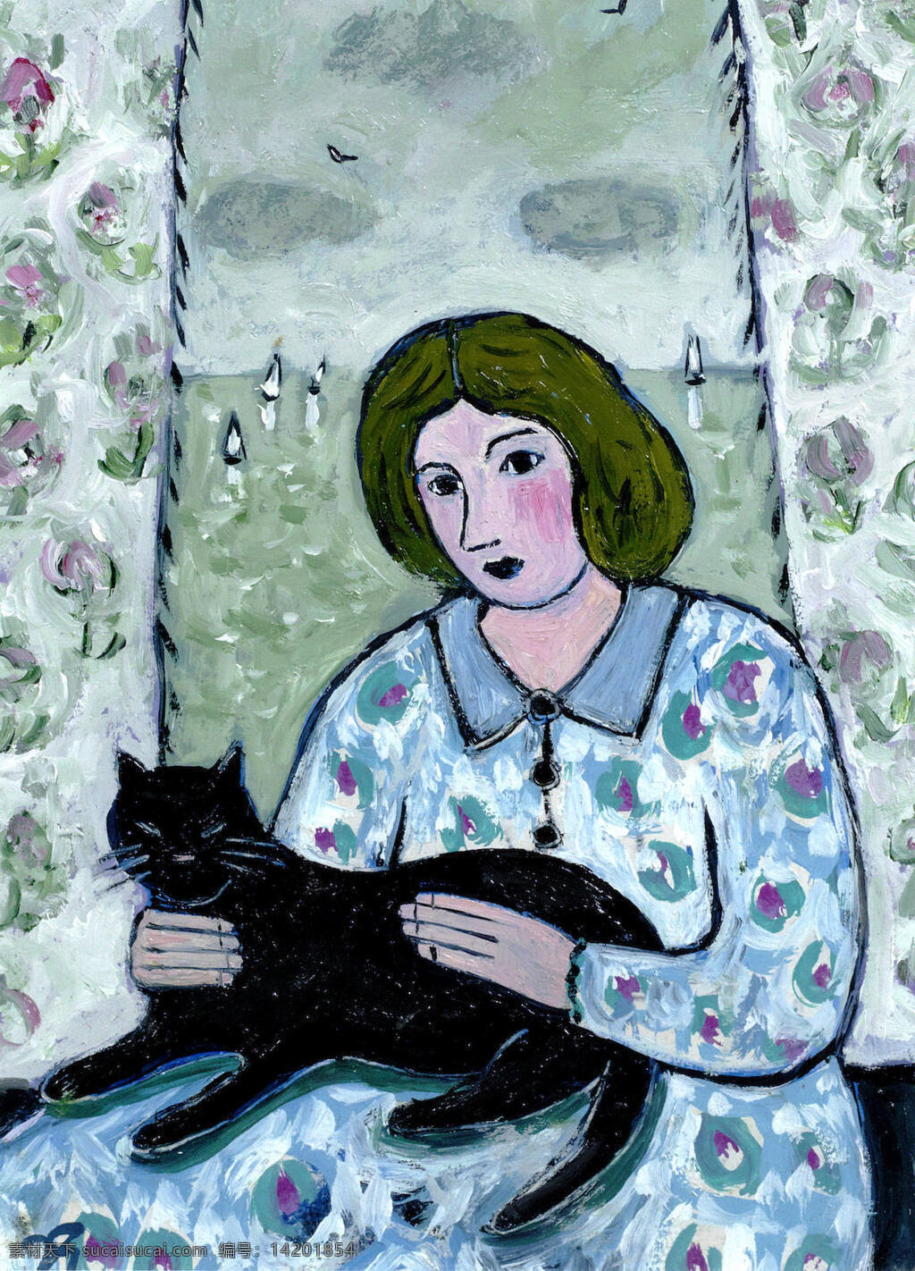 乔 吉尔 克里斯特 作品 英国画家 一女士 摆弄 一只黑猫 碎花窗帘 窗外 大海 船只 20世纪油画 油画 文化艺术 绘画书法