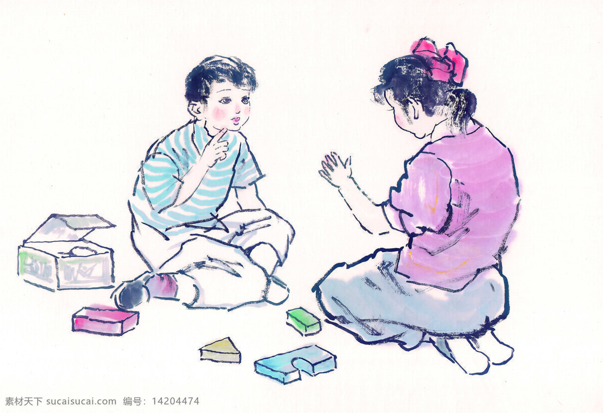 两个 完 积木 小朋友 国画 中国画 文化 艺术 水墨画 玩耍 玩积木 书画文字 文化艺术
