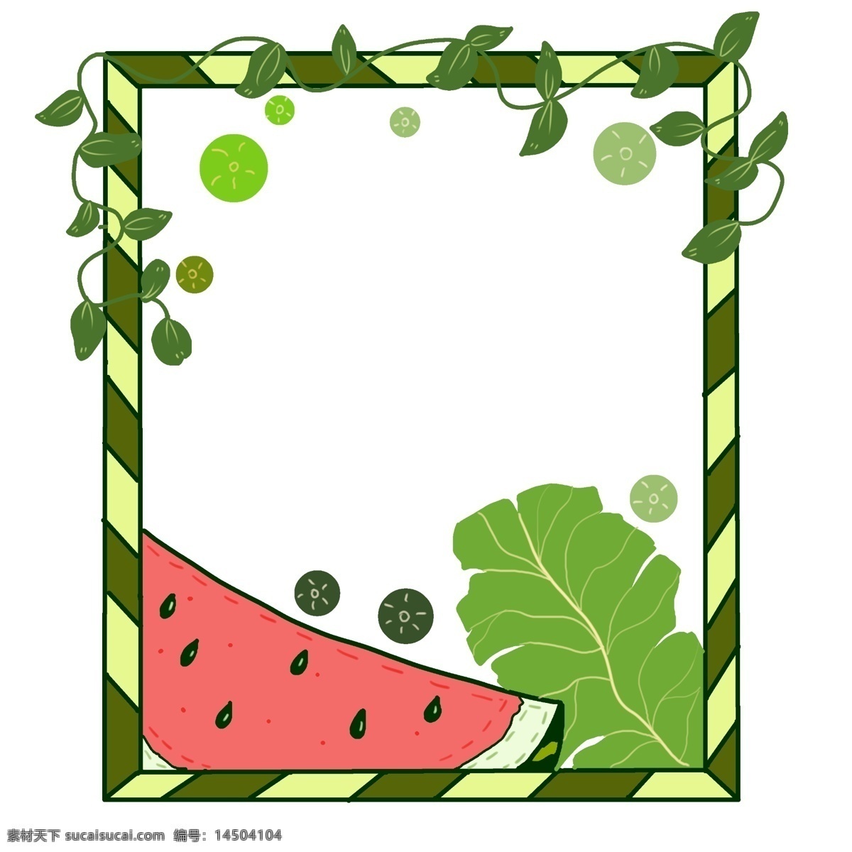 夏季 西瓜 绿叶 边框 手绘 叶子 粉色 绿色 中国风 小清新 植物 水果 免扣边框 绿叶边框
