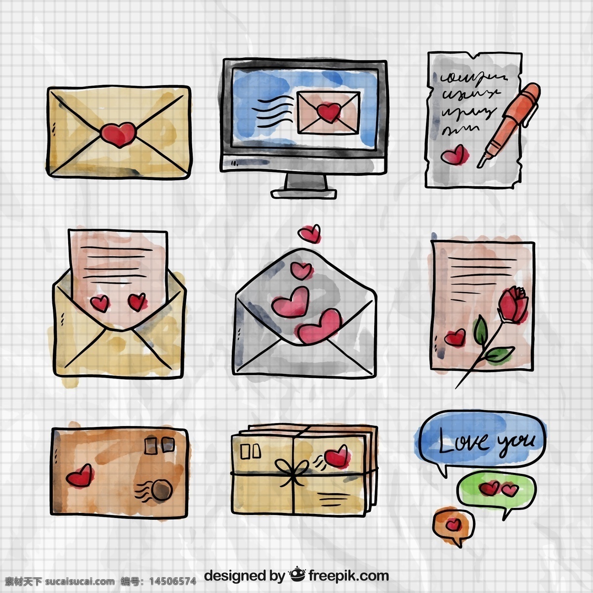 款 水彩 绘 情人节 书信 矢量 爱心 情书 电脑 玫瑰花 笔 信纸 格子 纸张 信封 语言气泡 矢量图 水彩画 彩绘 情人节素材