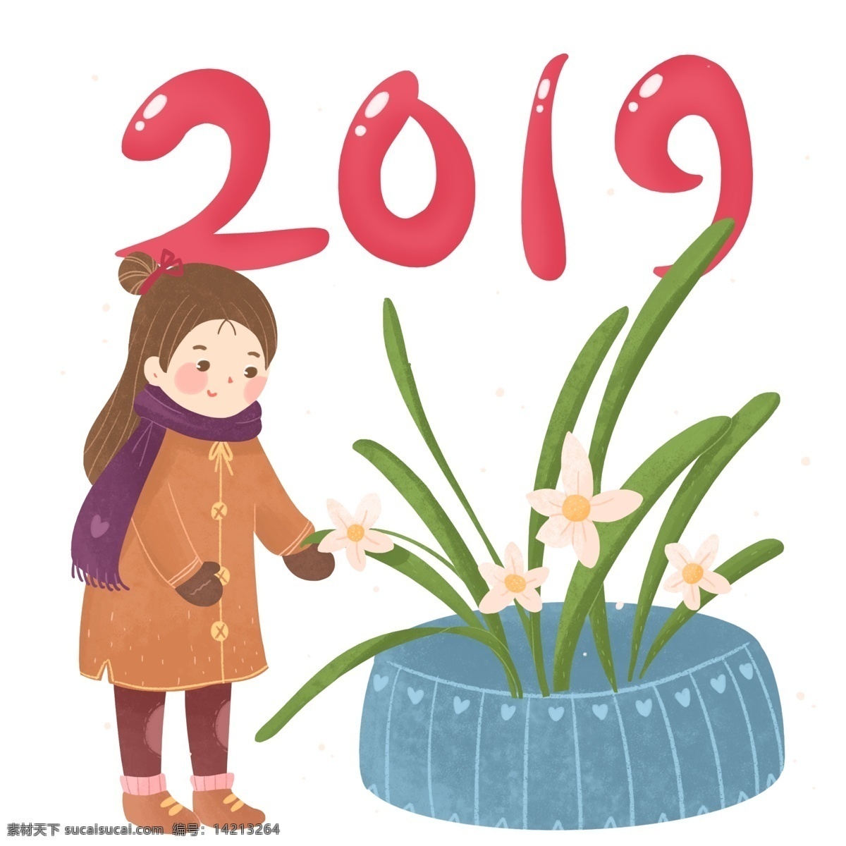 卡通 可爱 元旦 新年 2019 年 插画 红色 喜庆 温馨 2019年 跨年 水仙花 花盆 盆栽 女孩 庆祝 温暖