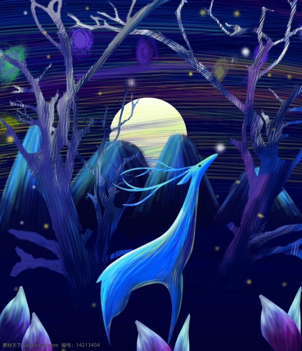唯美 线条 插画 林 深见 鹿 树木 山峰 月亮 夜晚