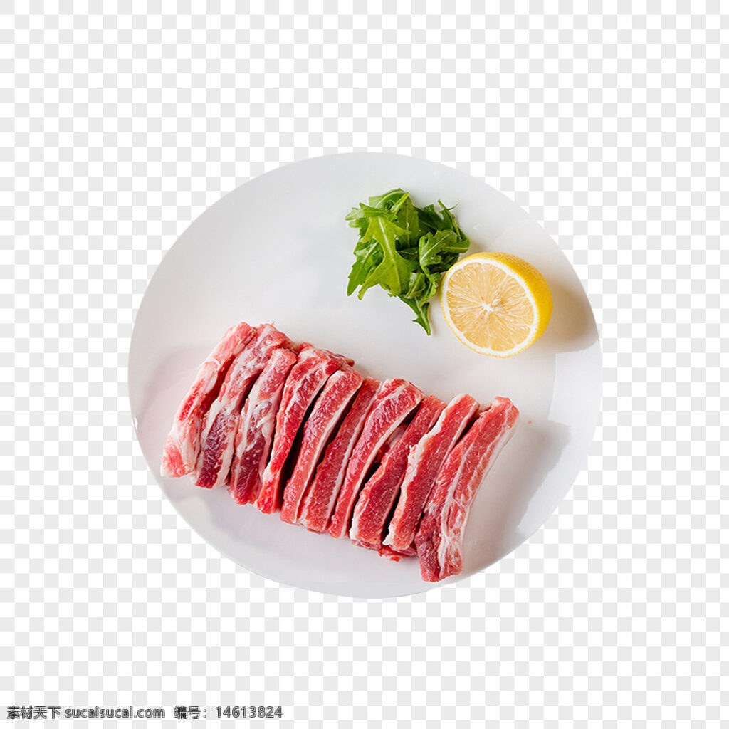 肋条肉 新鲜食材 生肉 肉类原料 柠檬装饰 香草装饰 肉类切片 白色盘子 食材摆拍 健康食材 营养食材 烹饪原料 肉类料理