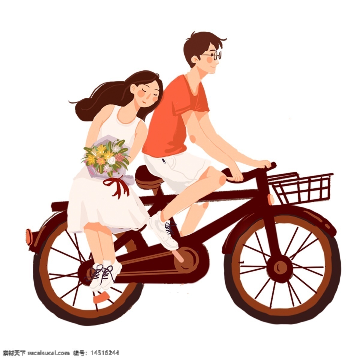 浪漫 情侣 骑 行 约会 装饰 元素 装饰元素 手绘 骑行 自行车 捧花 花朵 花束 男子