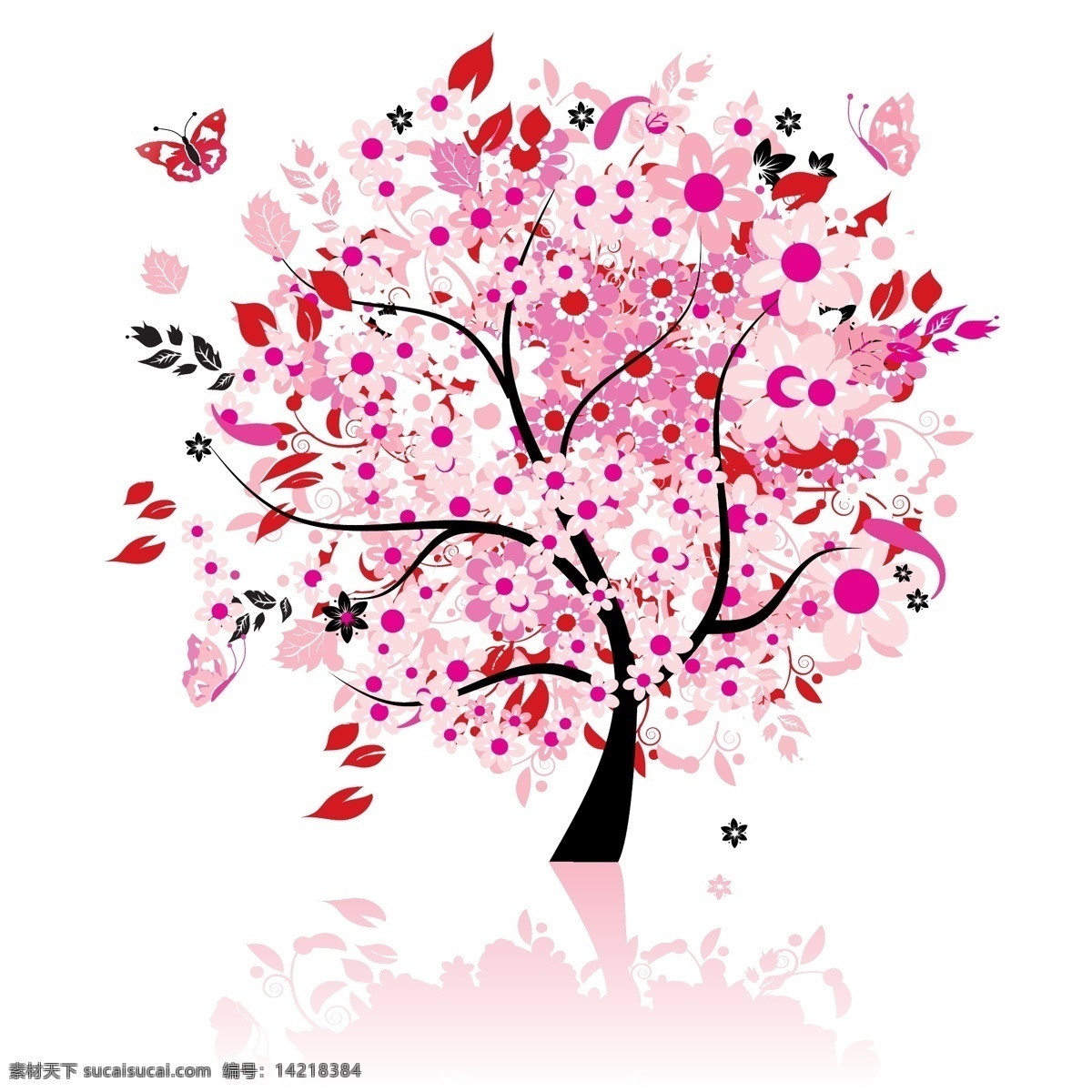 粉红 花树 春天 蝴蝶 花朵 开花 落叶 秋天 矢量素材 树木 小鸟 季节的树 矢量图 花纹花边