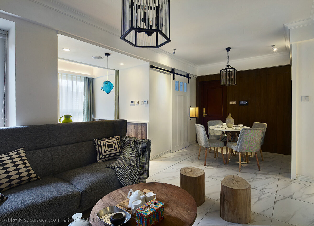 现代 时尚 笼子 形状 吊灯 室内装修 效果图 瓷砖地板 客厅装修 笼子吊灯 深色沙发