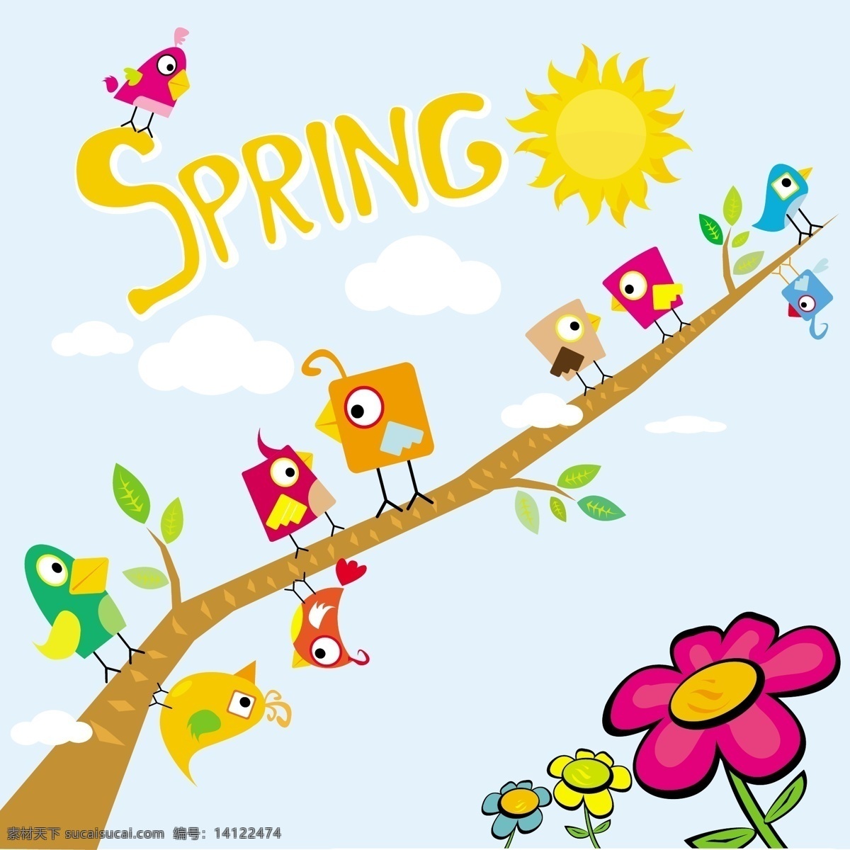 卡通小鸟 矢量 小鸟 树枝 卡通 春天 spring 爱情鸟 花卉 鸟类 生物世界
