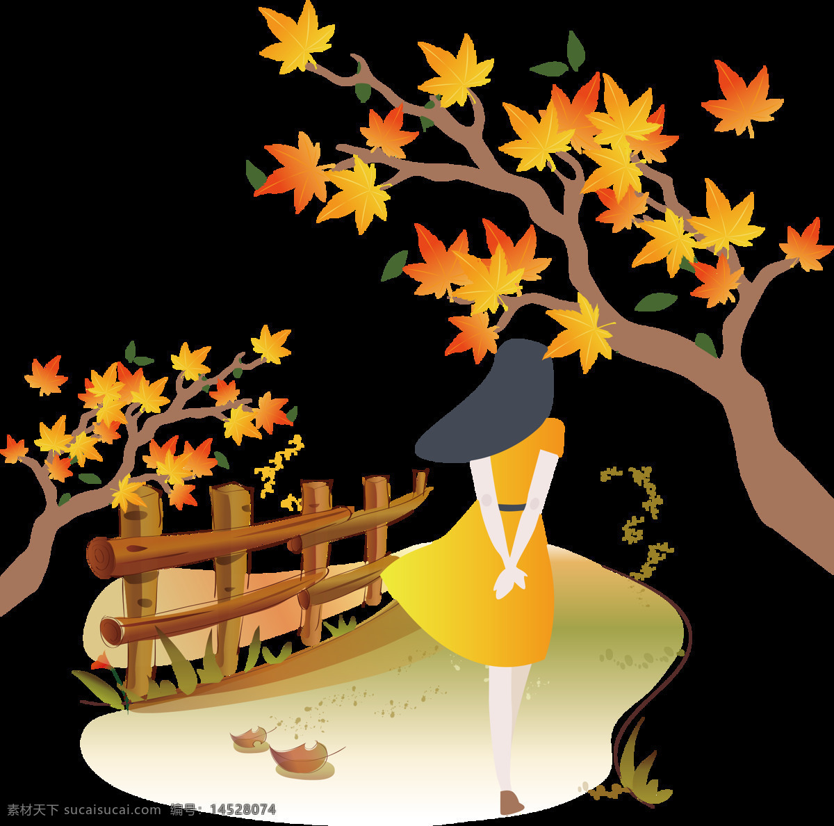 卡通 手绘 秋季 落叶 女子 元素