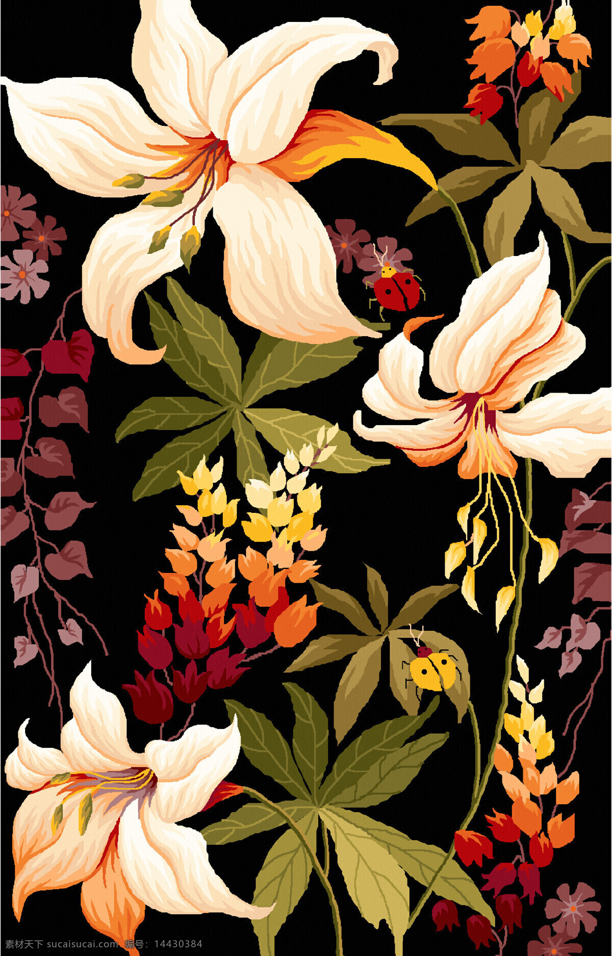 艳丽花卉植物 纺织面料 沙发布艺 纹饰 纹样 地毯图案设计 花卉植物 底纹边框 花边花纹