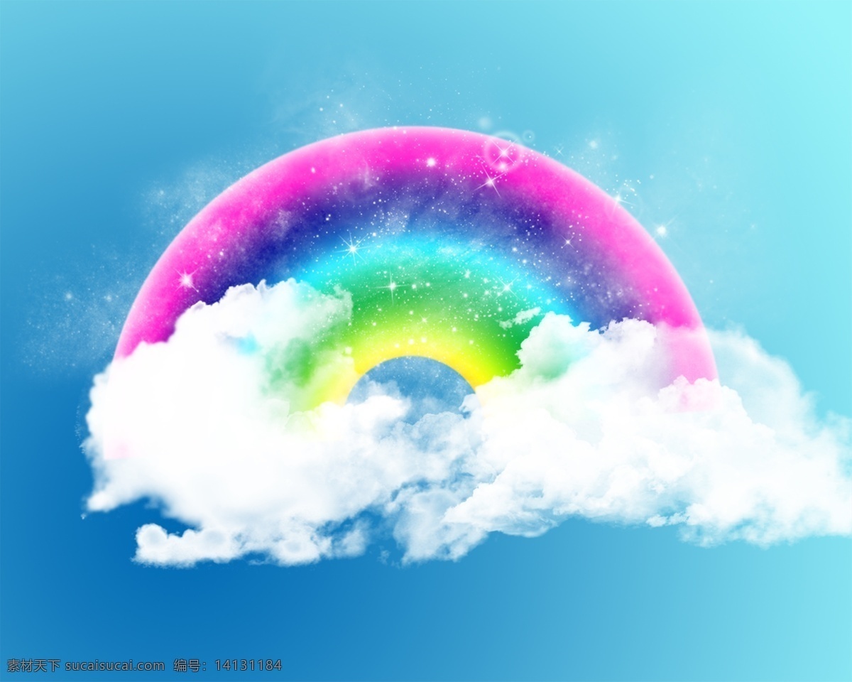 彩虹 七彩 云朵 蓝色 光点 荧火 分层 源文件
