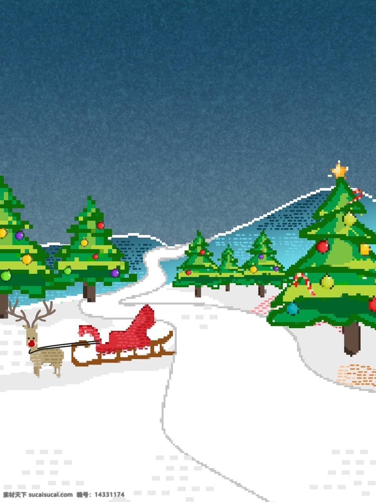 创意 圣诞 背景 像素 化 卡通背景 圣诞背景 圣诞节背景 圣诞树 彩绘背景 雪橇 像素化设计 80年代复古 复古像素化