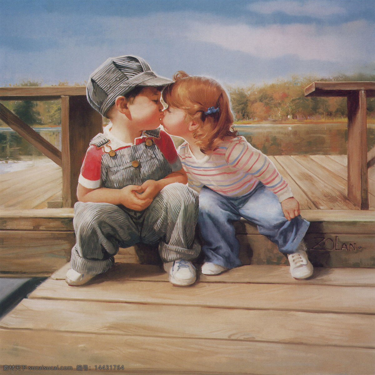 亲吻 两个 儿童 画像 小女孩 小男孩 亲密 人物画像 绘画艺术 书画文字 文化艺术