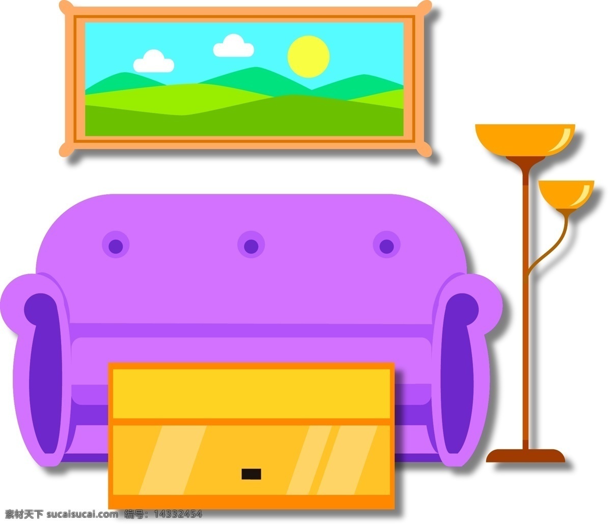 矢量 手绘 卡通 家具 沙发 落地灯 紫色 黄色 茶几 画框 褐色 灯光 皮沙发 木头桌子