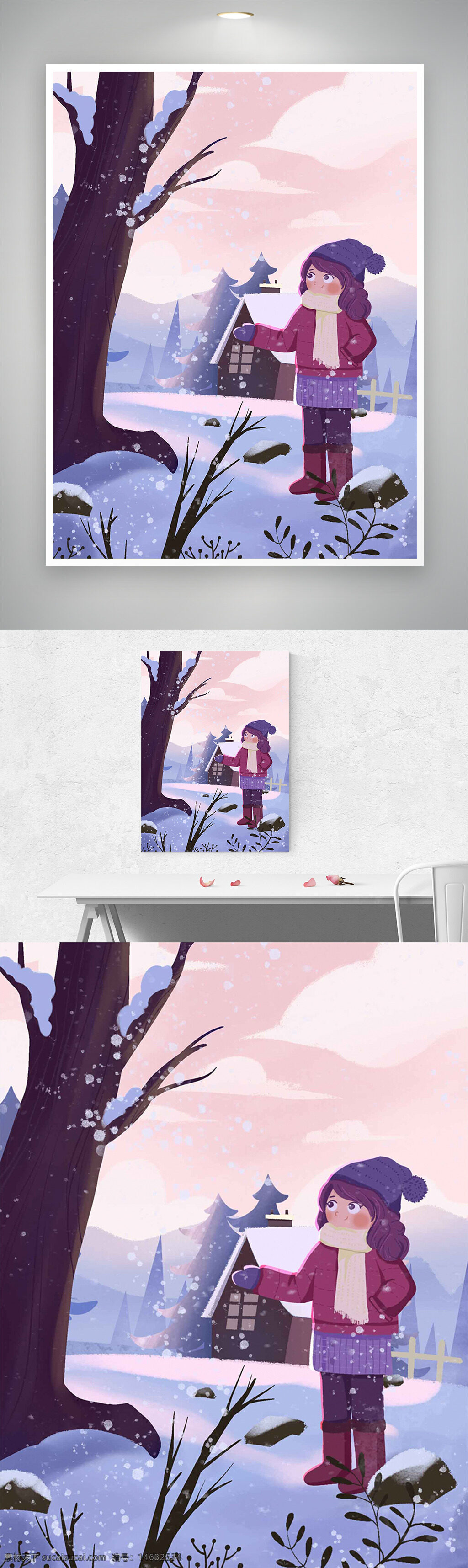 冬季插画 户外场景 女生手绘 唯美插画 冬雪飘飘 温馨画风 动漫卡通 雪地风景 手绘风格 户外小屋 温暖色调 自然风光 帽子围巾 原创绘画