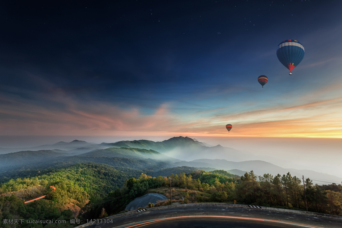 天空 中 热气球 山川 风景 景色 美景 山水风景 风景图片