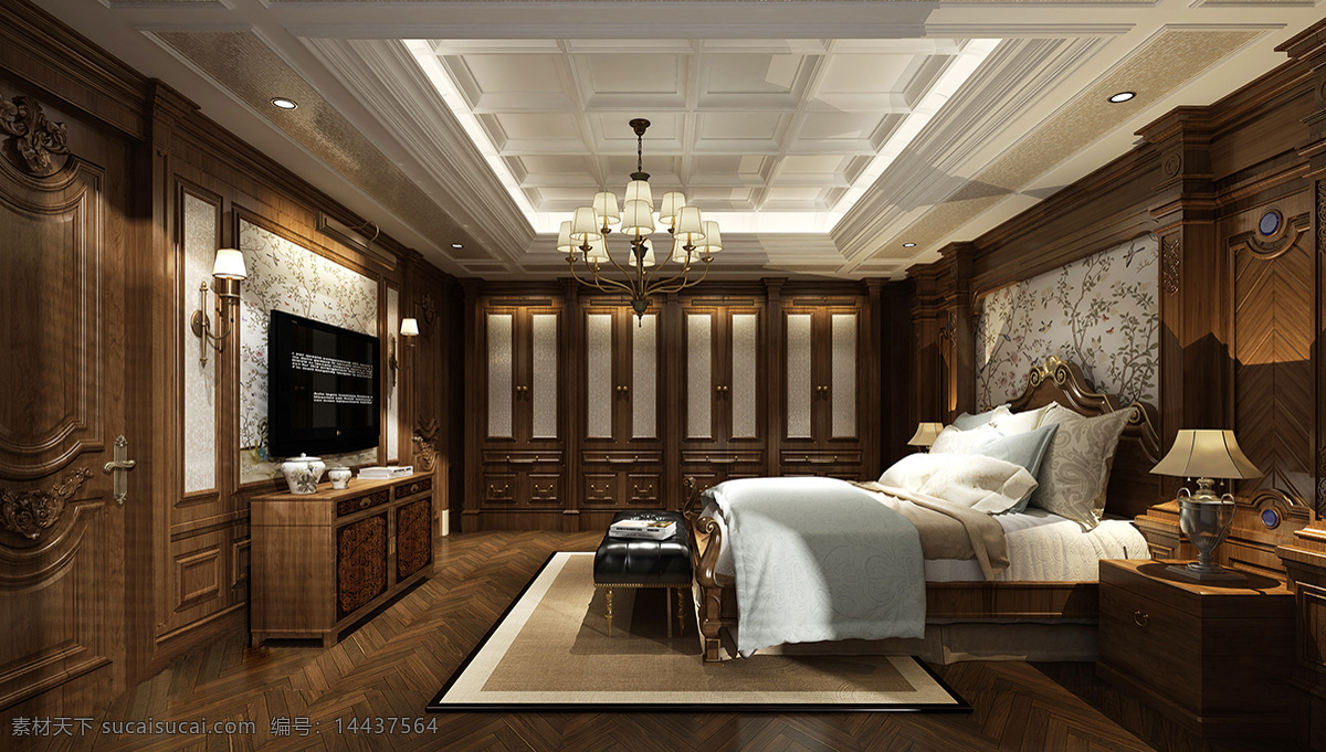 中式 典雅 大 户型 卧室 白色 背景 墙 室内装修 图 木地板 卧室装修 木制床头柜 白色吊灯