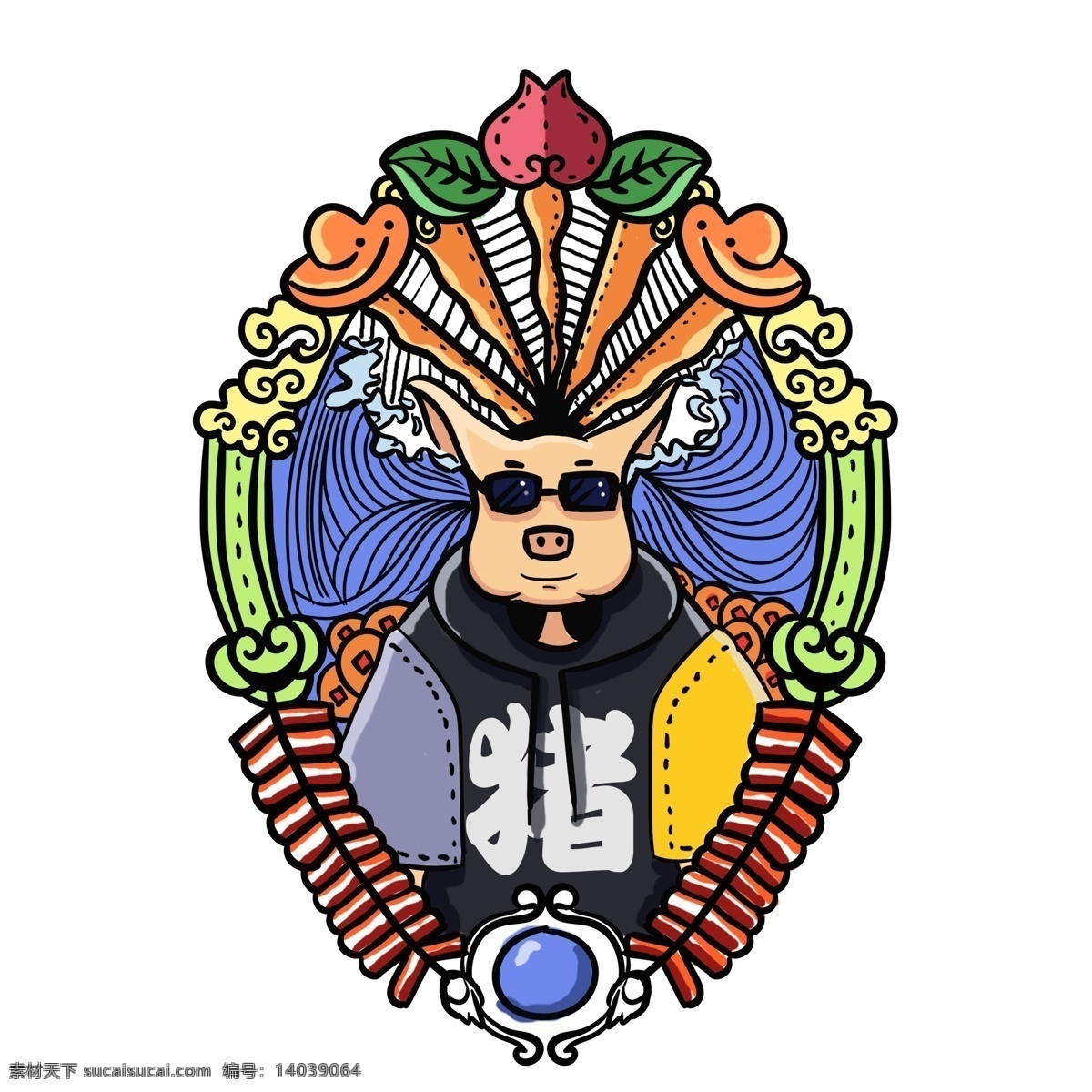 潮 猪 卡通 手绘 元素 彩绘 小猪形象 插画 潮猪 潮漫元素