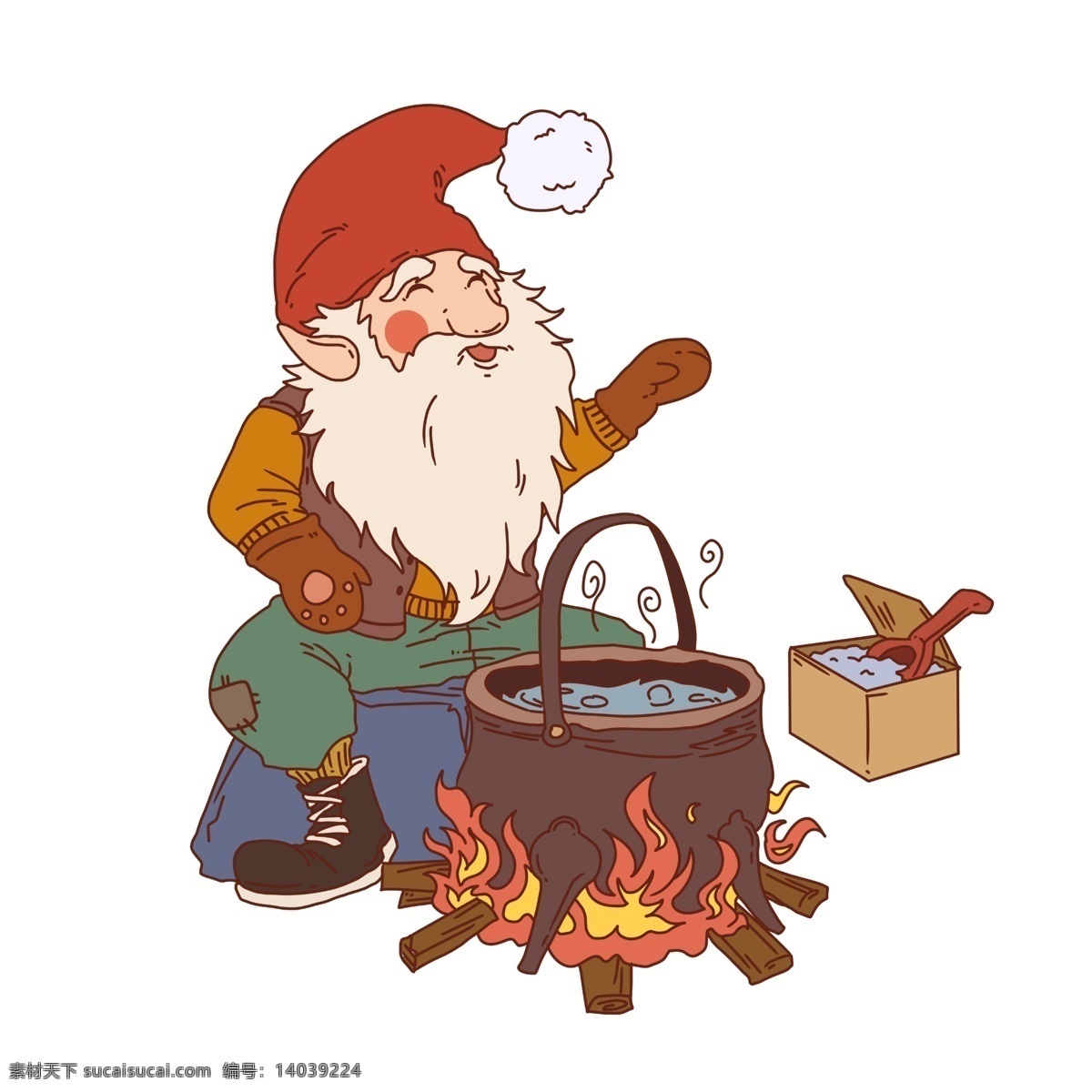 群 暖 老人 手绘 插画 红色的圣诞帽 黄色的火苗 取暖 人物 烤火的老者 白色的纸盒子 咖色的炉子