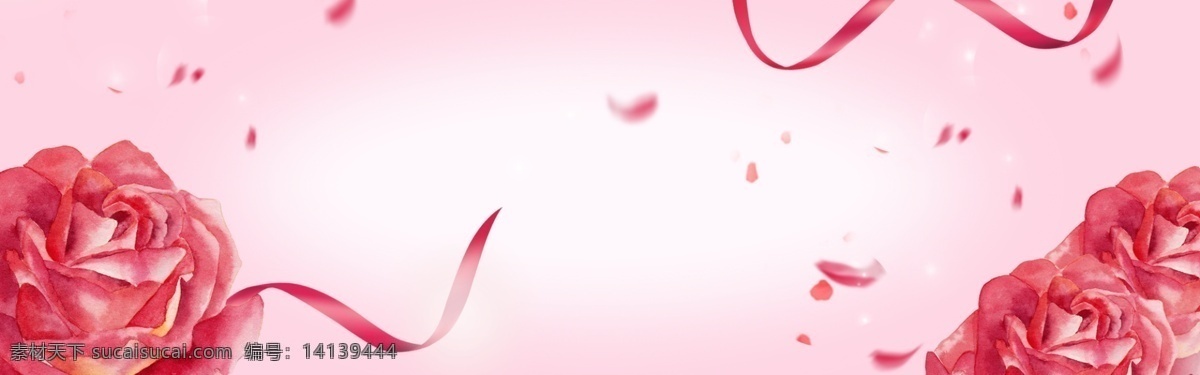 粉色 简约 红玫瑰 大气 banner 背景 爱情 粉红色 花瓣 玫瑰花 情人节 喜鹊 心