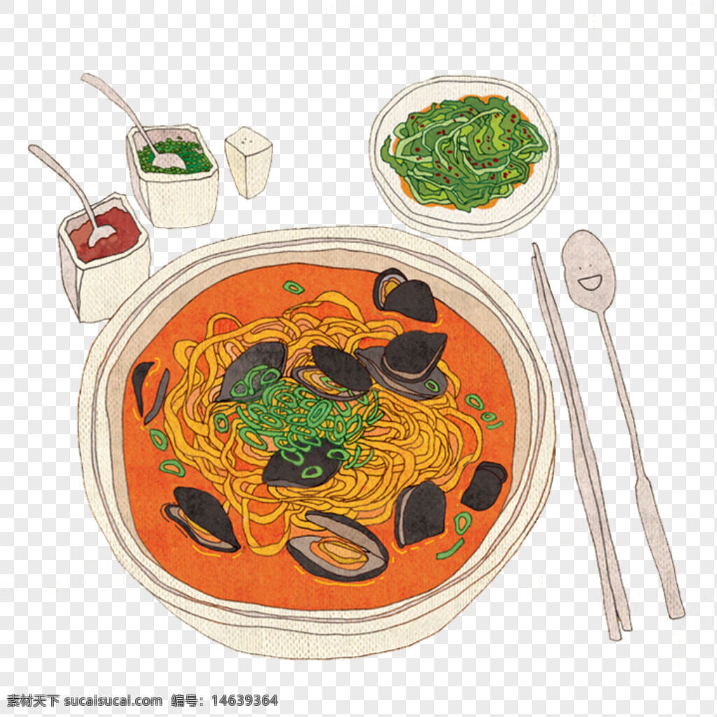 手绘 料理 套餐 番茄 日式 海鲜 酸辣汤 拉面 裙带菜 小菜 插画 绘画 美食 平面设计 免抠素材