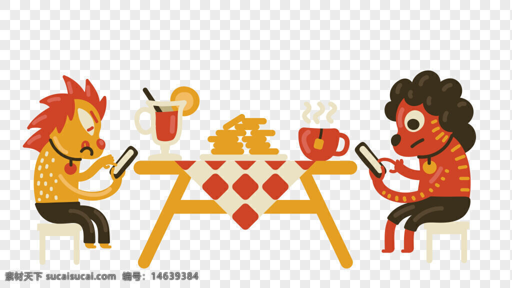 手绘插画 抽象风格 动漫卡通 狮子形象 老虎形象 面对面 用餐场景 手机互动 无交流 餐桌 饮料 奶酪 咖啡 红色桌布 黄色调