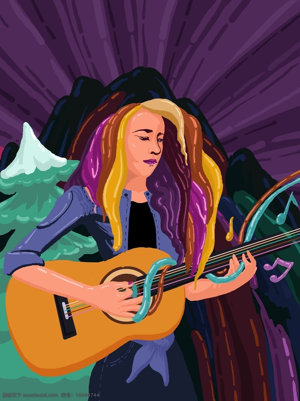 音乐 派对 弹 吉他 女孩 插画 音乐节 音乐会 音乐派对 music 叙事性插画 弹吉他的女孩