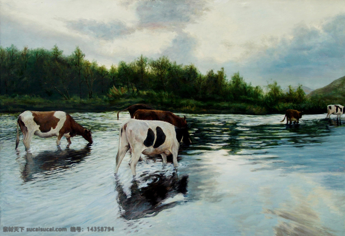 河水 里 喝水 奶牛 油画 树林 小溪 河流 蓝天白云 美丽风景 绘画 文化艺术 世界名画 书画文字