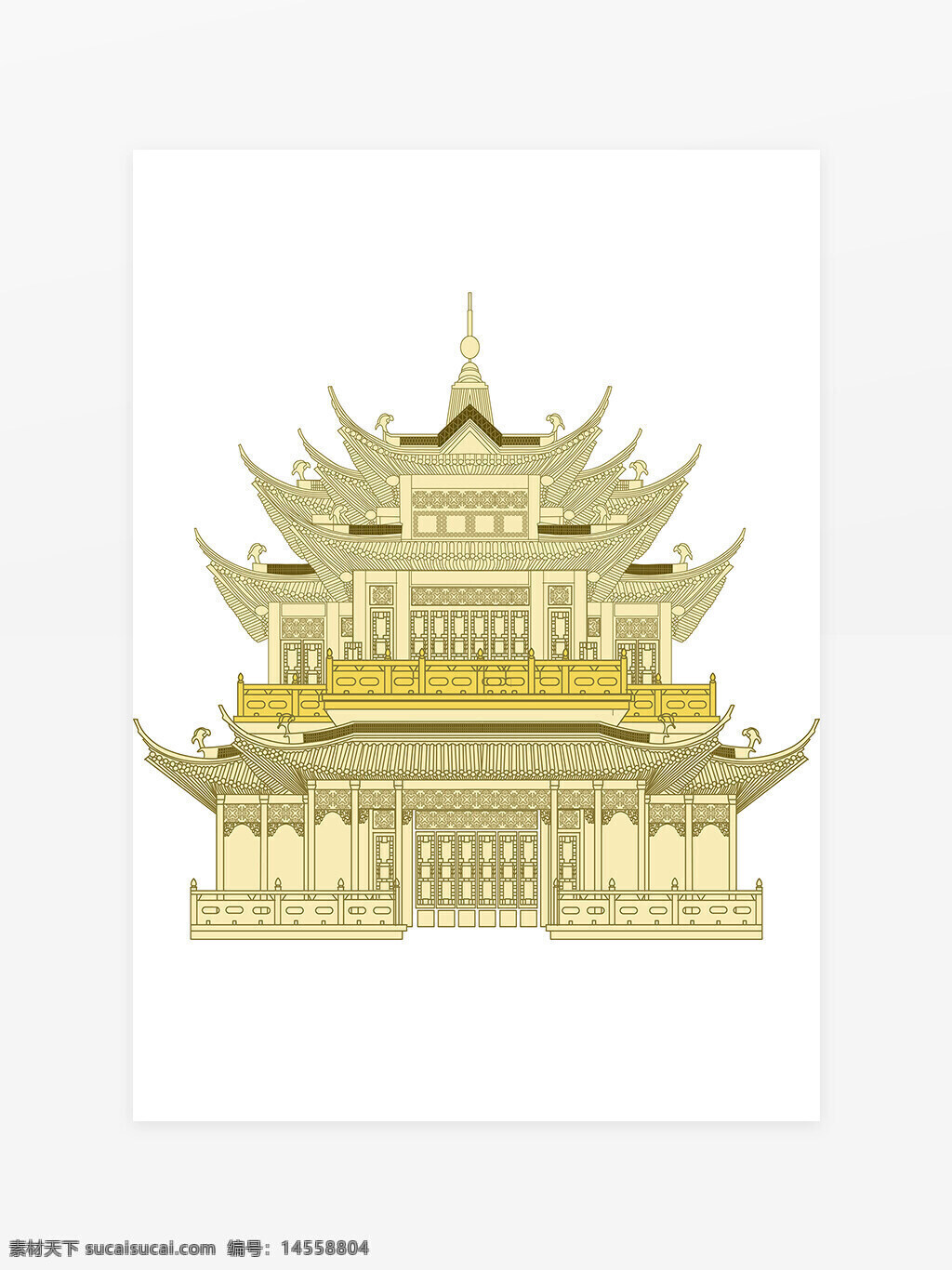 新中式元素 线条阁楼 建筑图案 彩色手绘阁楼 白描阁楼
