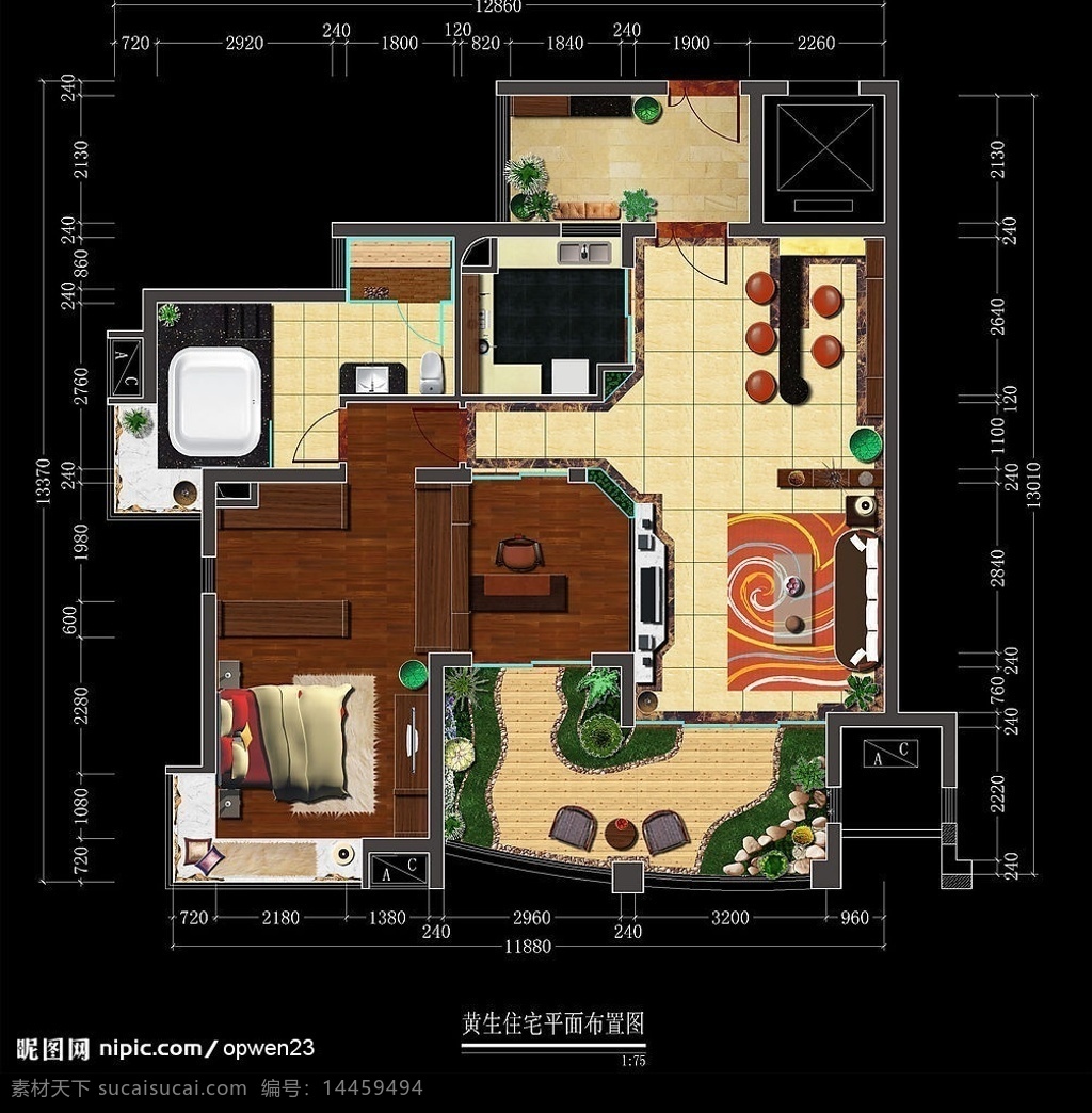 户型 彩色 平面图 室内 东南亚风格 家私 植物 分层 源文件库