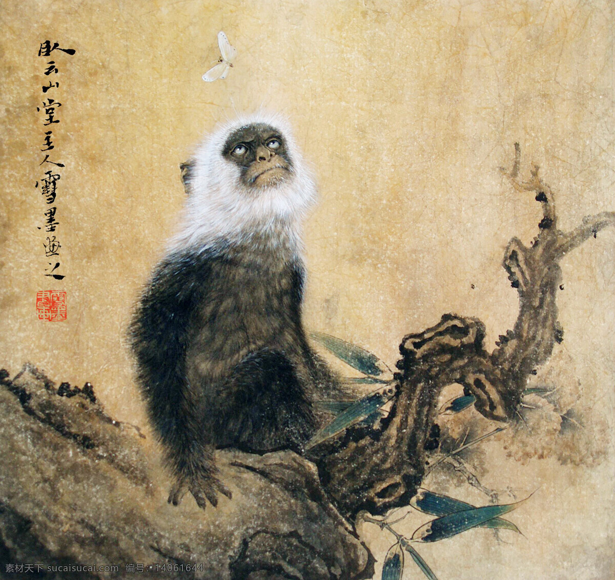 彩墨画 国画艺术 猴 绘画 绘画书法 美术 书法 猿猴 中国画 工笔重彩画 动物画 白头猴 树木 印章 国画集41 文化艺术 装饰素材 雕刻 图案