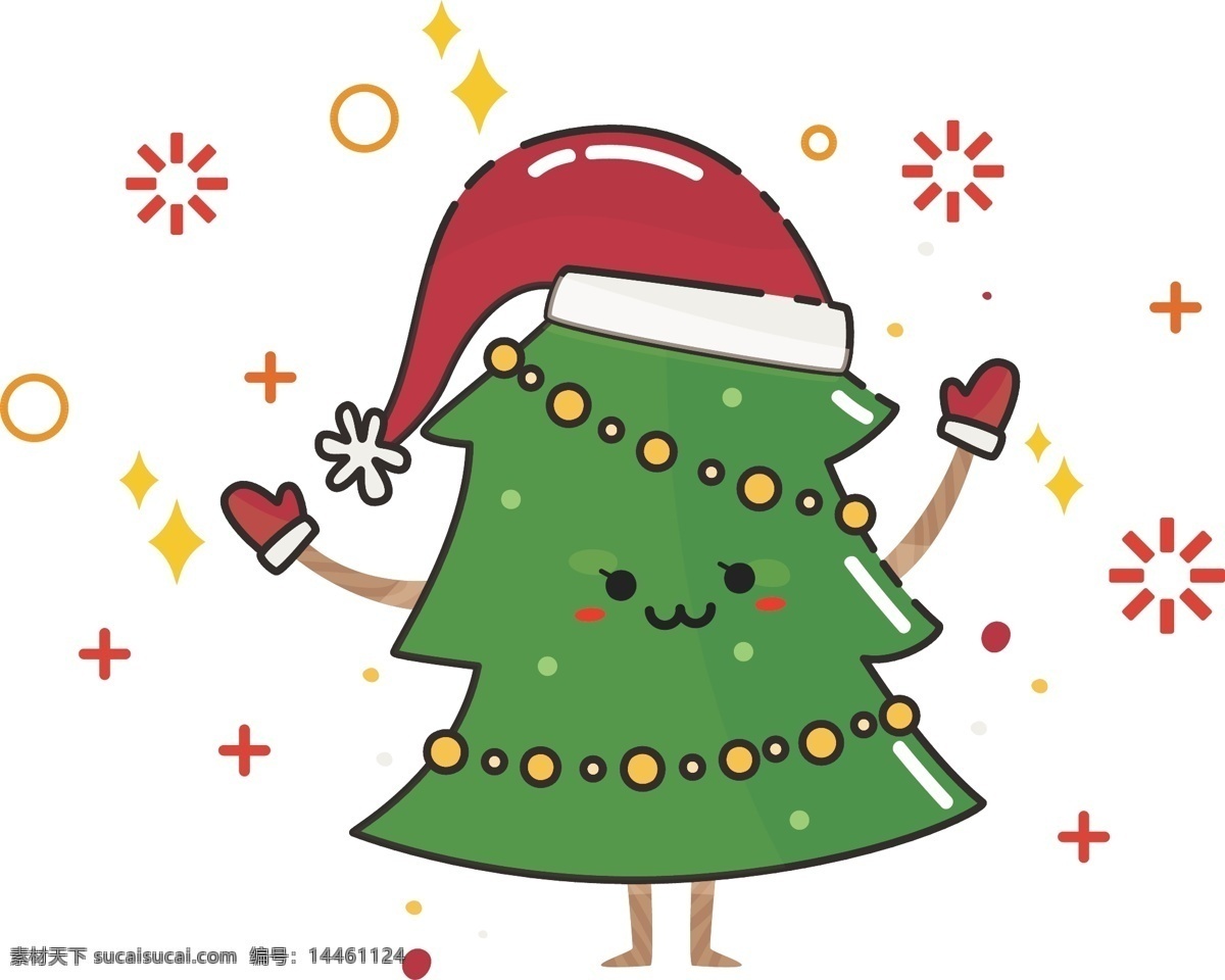 mbe 绿色 圣诞树 绿色圣诞树 节日 矢量 红色帽子 黄色 手套 表情 黄色彩灯 圣诞节 开心