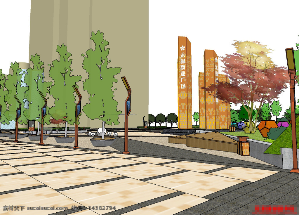 广场绿化带 广场 园林 景观设计 skp 3d模型 中心广场 树木 园林设计 室外 小区广场 悠闲 花坛 绿化带 樱花 垃圾桶 白色