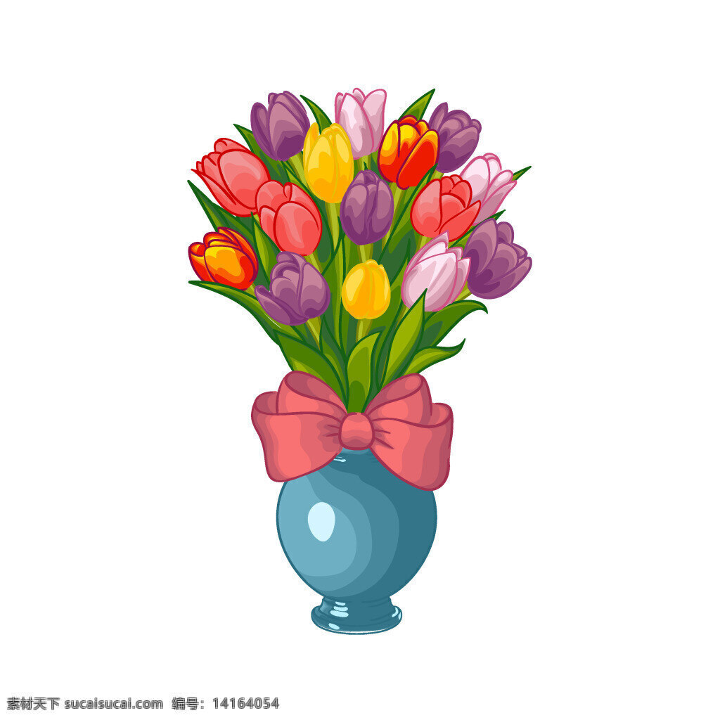 矢量 彩色 花朵 花瓶 元素 郁金香 红色 蝴蝶结 蓝色
