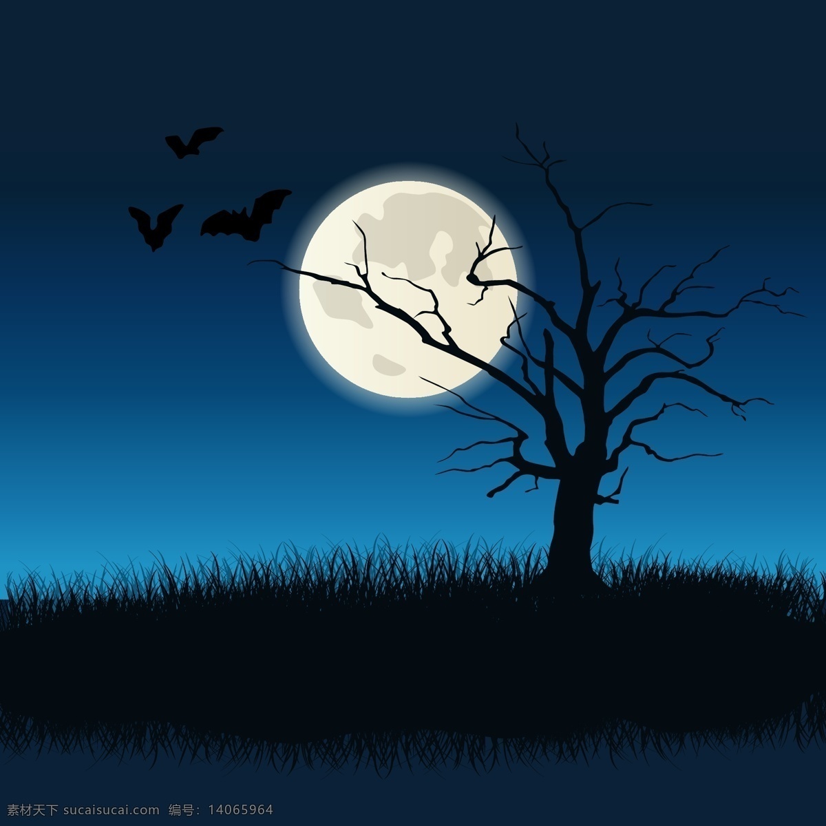 月黑风高 夜晚 月亮 枯树 草 晚上 蝙蝠 恐怖 黑色