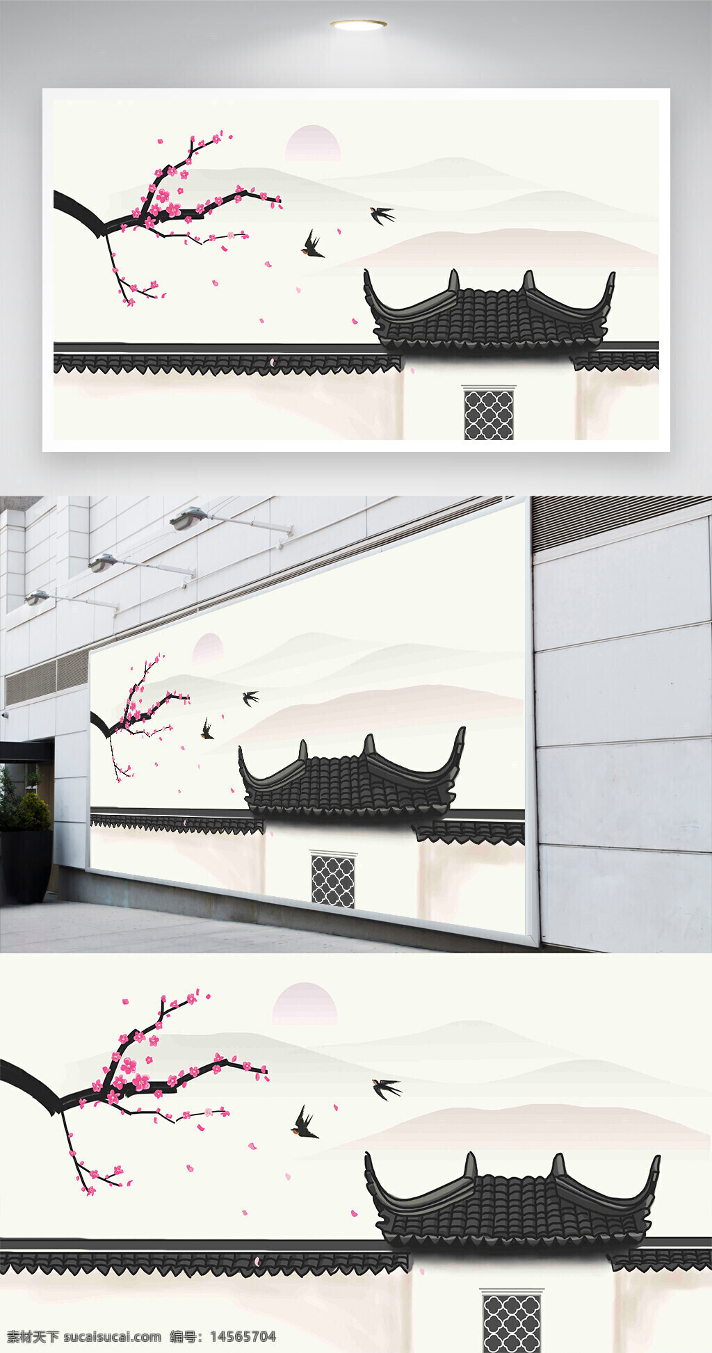 中式建筑插画背景 中式装饰 建筑插画 装饰背景 山水 花鸟