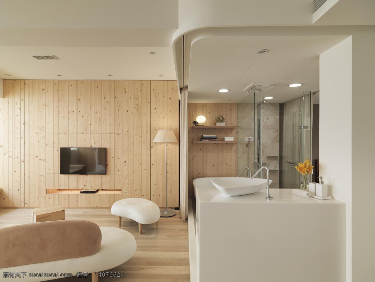 现代 时尚 客厅 亮 褐色 背景 墙 室内装修 效果图 白色凳子 白色沙发 白色桌面 客厅装修 木地板