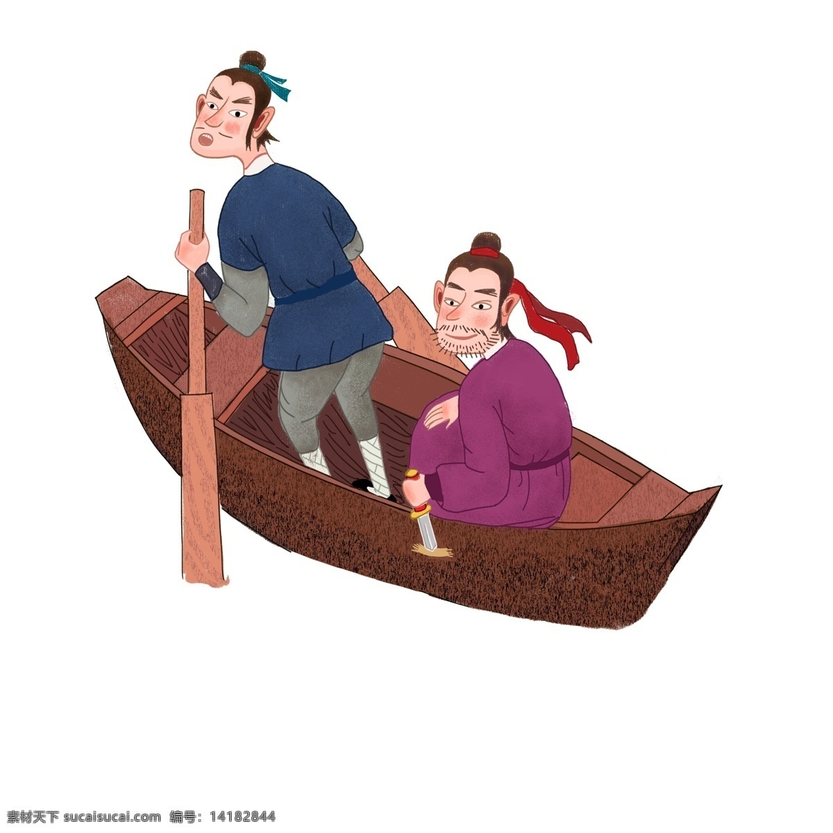 古代 刻舟求剑 故事 人物 卡通 寓言故事 插画 船 古代元素 乘客 船夫 手绘设计