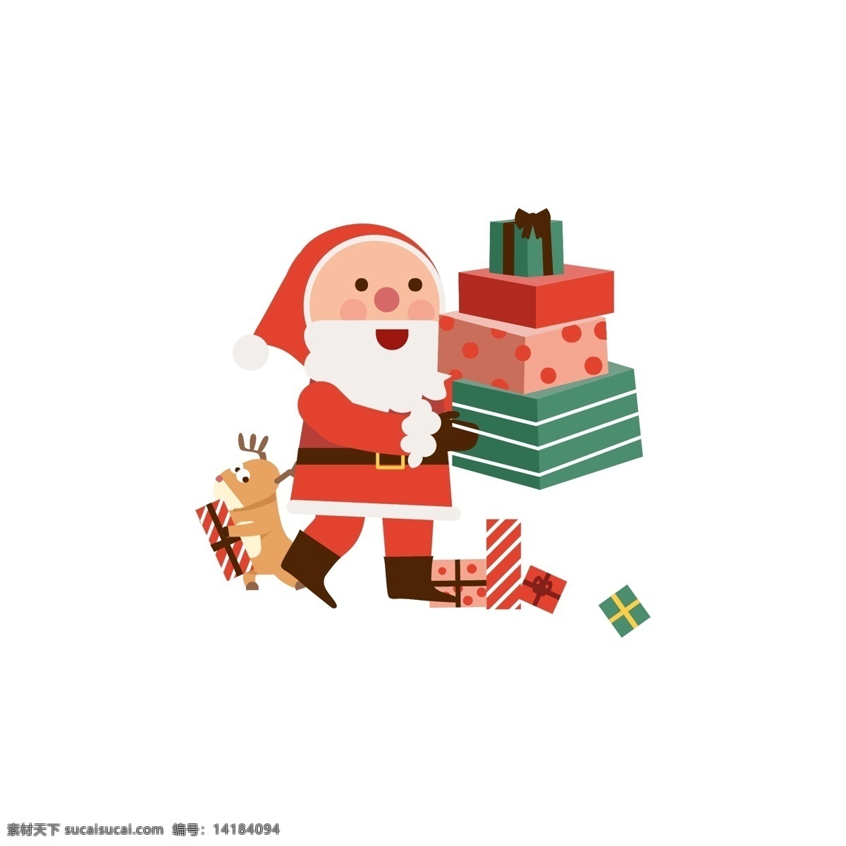 平坦 材料 一个 四维 矢量 圣诞 礼物 绿色 向量 红色 麋鹿 圣诞老人 插图 盒子 节日 圣诞节