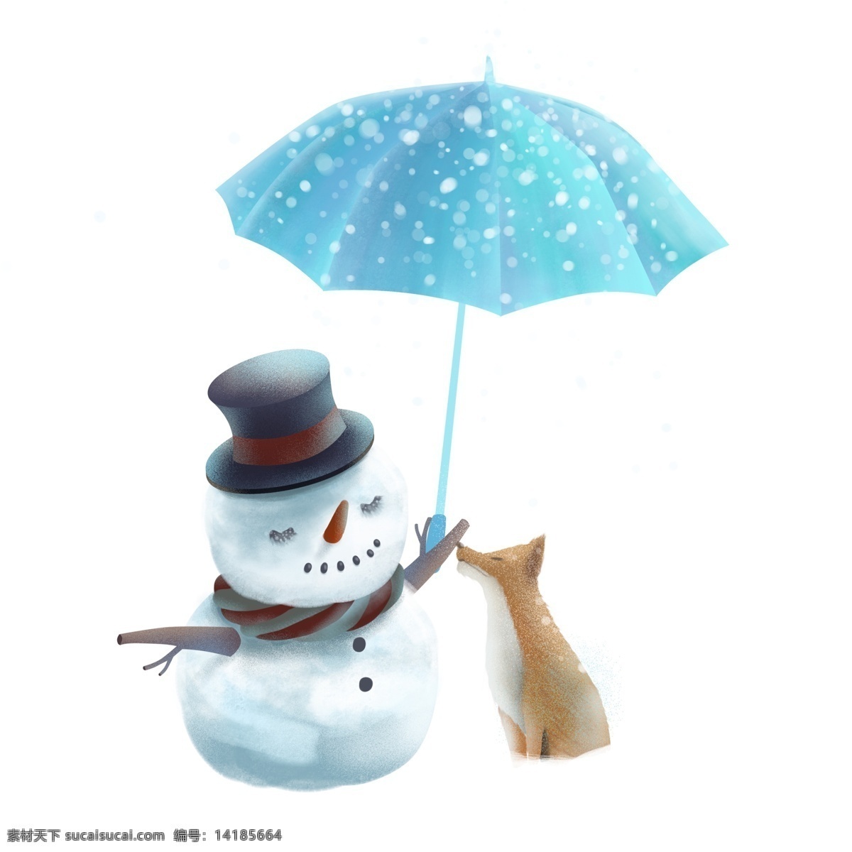 唯美 清新 撑 伞 雪人 狐狸 插画 冬季 雪花 雨伞